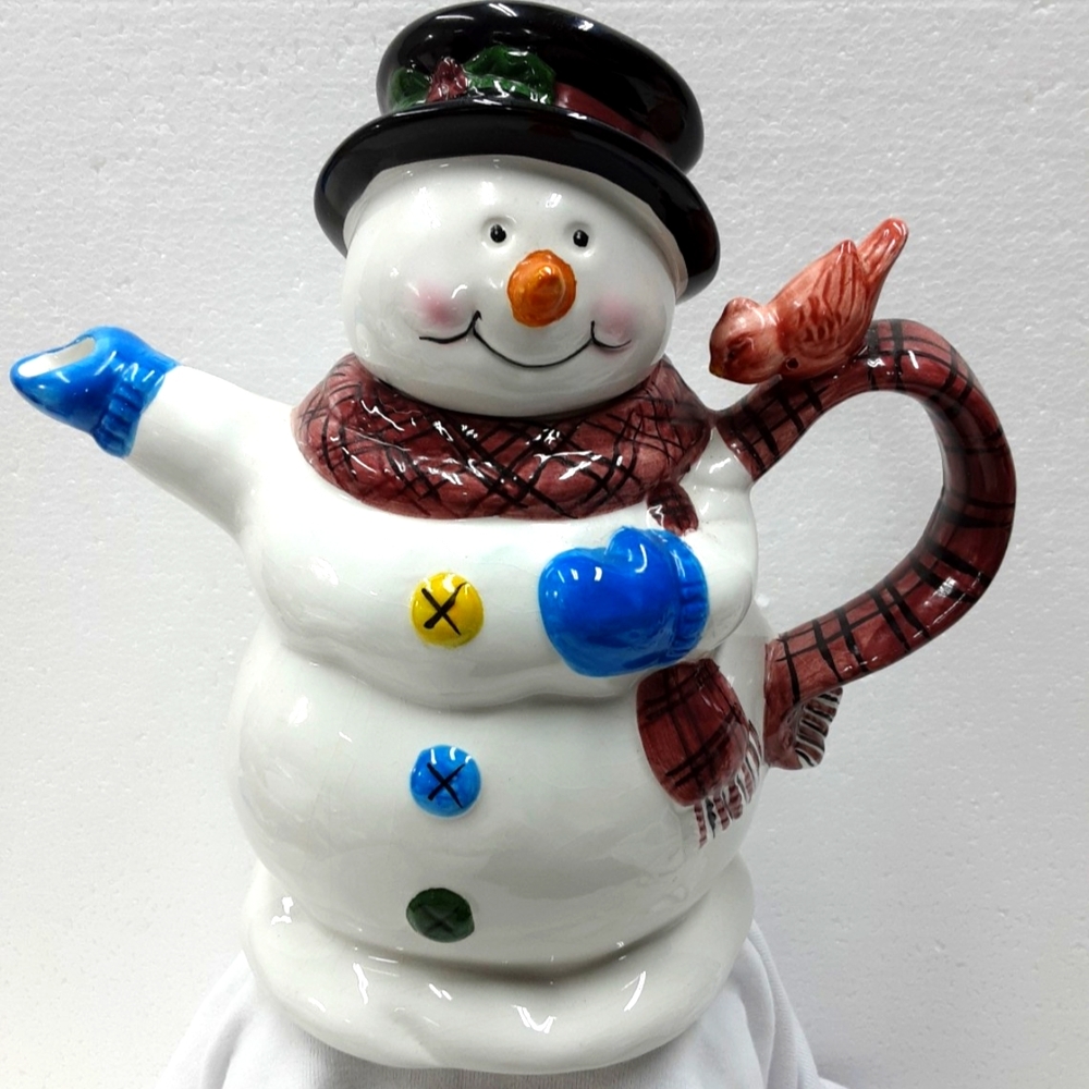 Vintage Happy Snowman With Bird Plaid Scarf Ceramic Teapot Potter & Smith